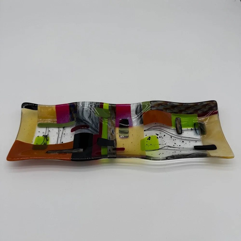 Lauren Goldfield '92 Fused Art Glass Tray Plate Colorful Abstract Design Devided